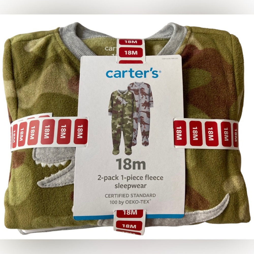 Carters 2-Pack 1-Piece Fleece Sleepwear-Camo/dinosaurs | Size 18 Months | boy’s